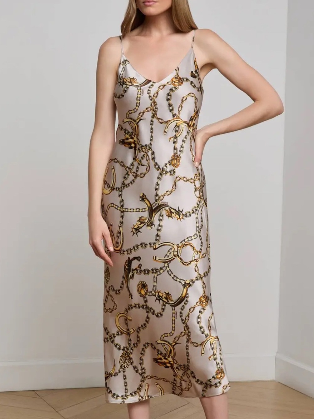 L'Agence Seridie Silk Slip Dress in a smoke grey and gold chain print